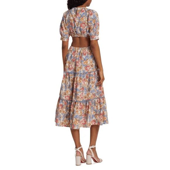 NWT En Saison Floral Cutout Puff Sleeve Soleil Midi Dress Multicolor Medium $145 - Picture 2 of 11